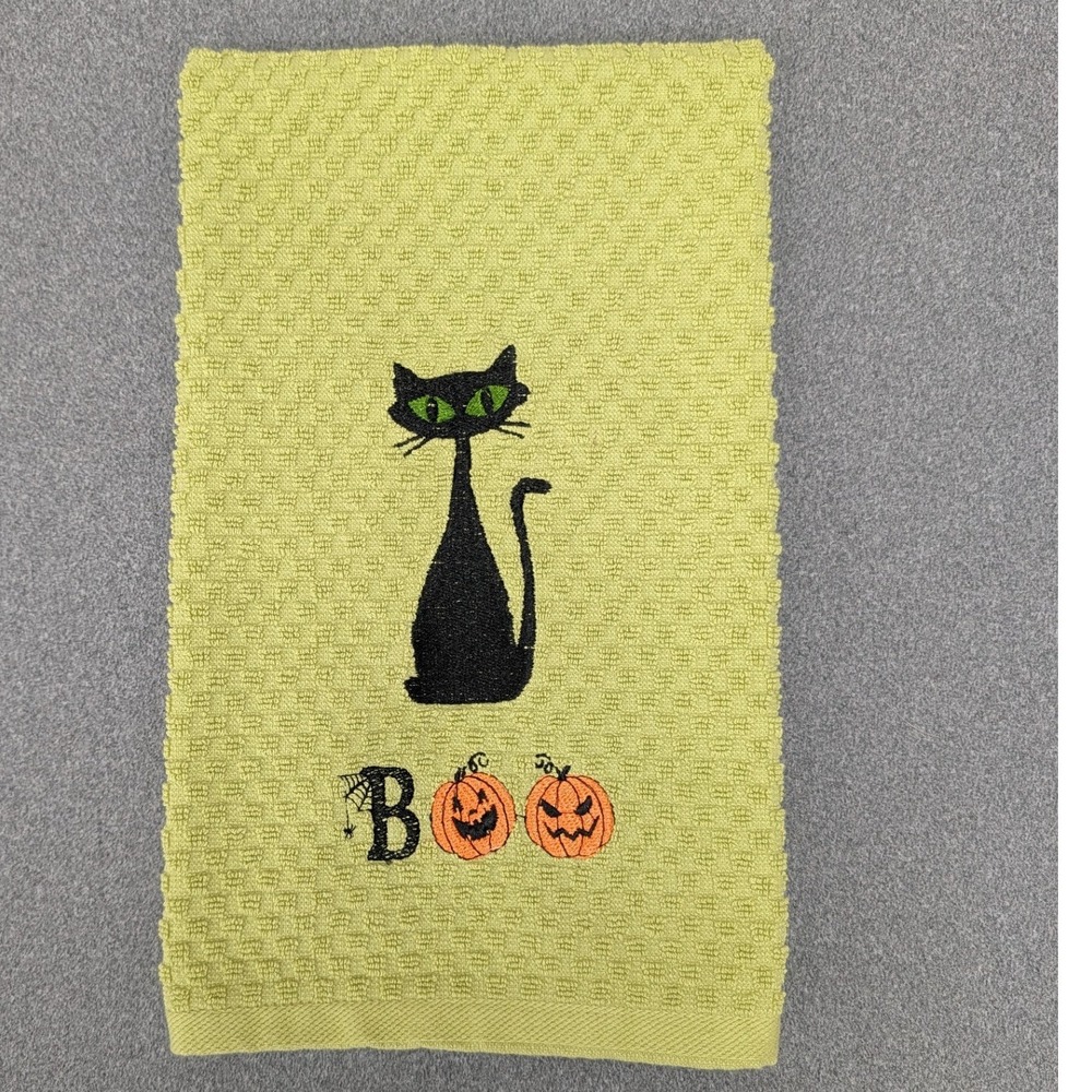 BOO Pumpkins Fall Thanksgiving Mid Mod Retro Cat Embroidered Kitchen Tea Towel